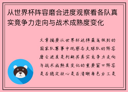 从世界杯阵容磨合进度观察看各队真实竞争力走向与战术成熟度变化